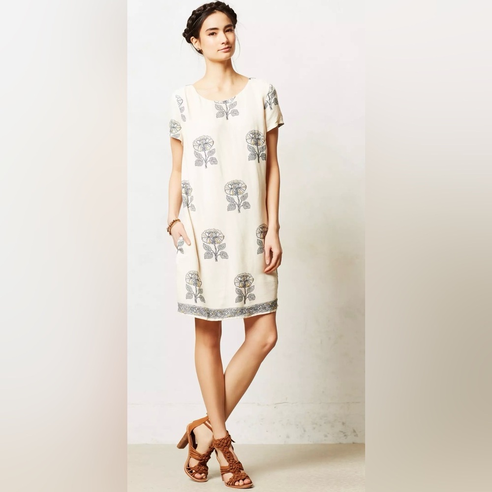 Maeve White Shift Dress with Gray & Yellow Floral Motif - Picture 3 of 14